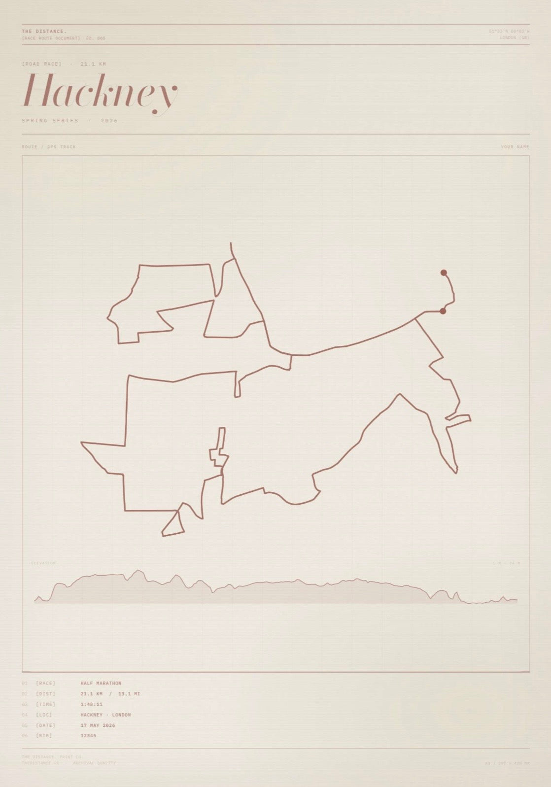 Hackney 13.1 — 2026 — Personalised Race Route Art