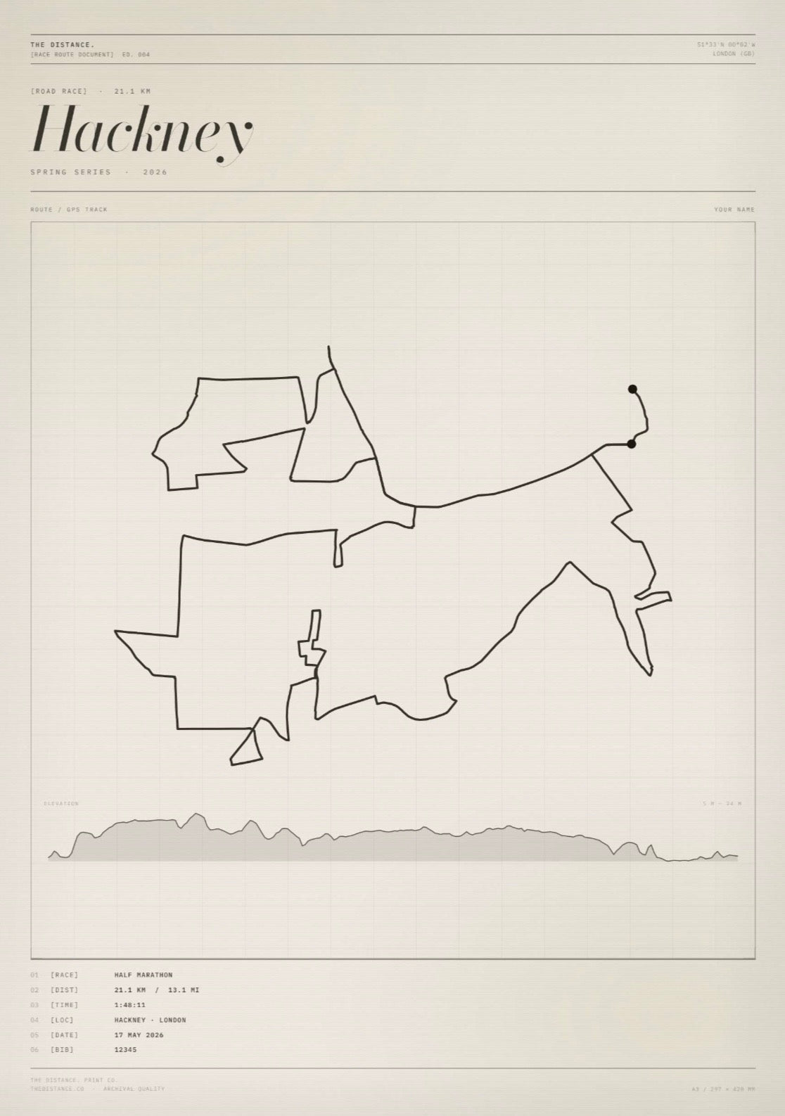 Hackney 13.1 — 2026 — Personalised Race Route Art
