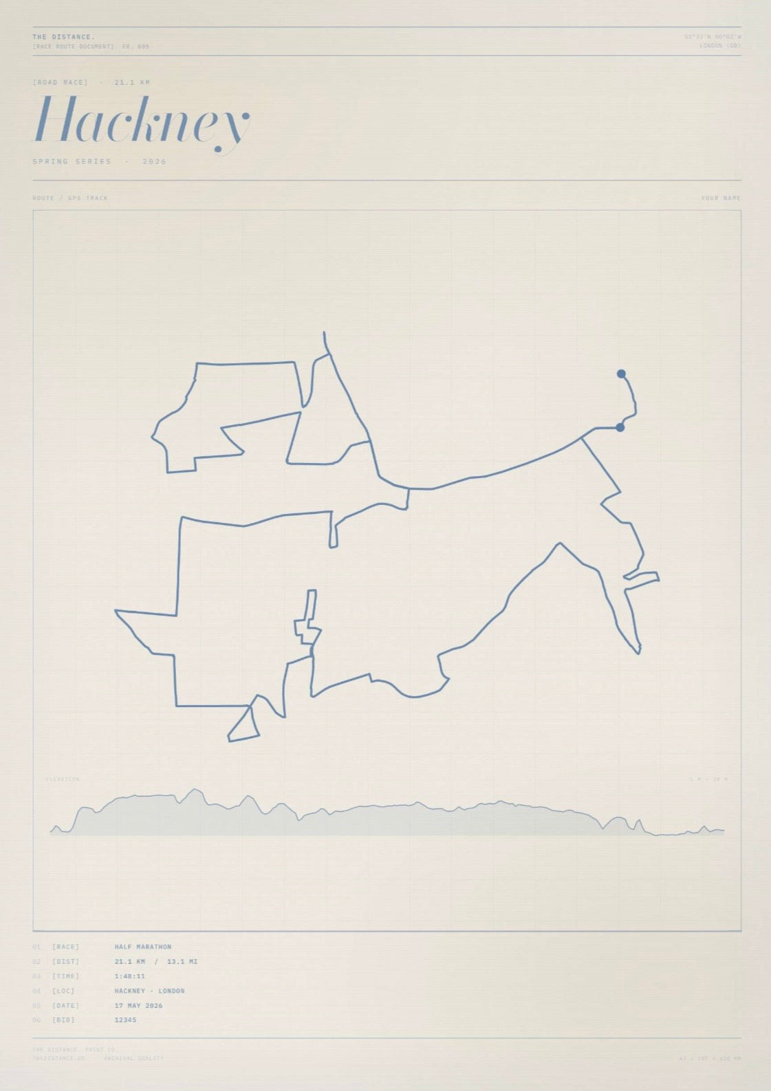 Hackney 13.1 — 2026 — Personalised Race Route Art