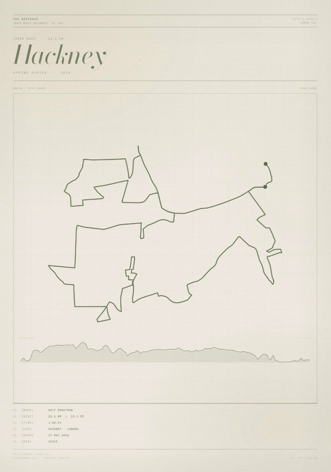 Hackney 13.1 — 2026 — Personalised Race Route Art